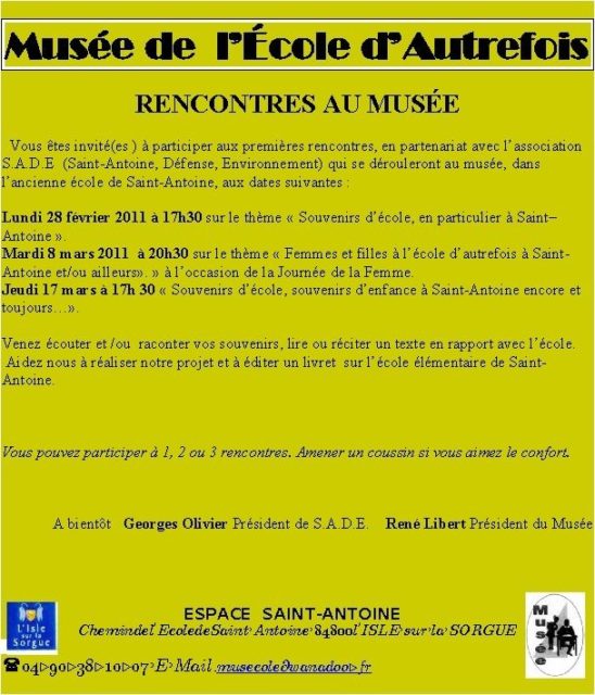 Du 27 février au 17 mars - Rencontres au Musée en partenariat avec SADE