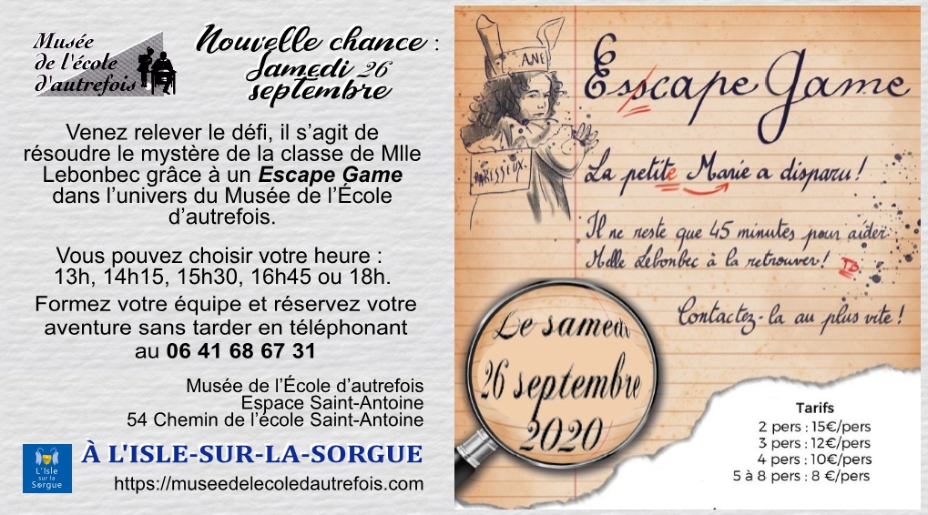 Août, septembre, octobre 2020 - Escape games